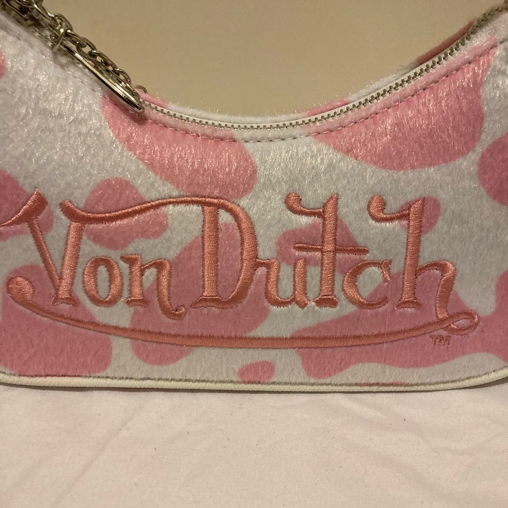 Von Dutch Vegan Pony Hair Pink Cow Print Shoulder Bag W/Charms - Picture 2 of 11